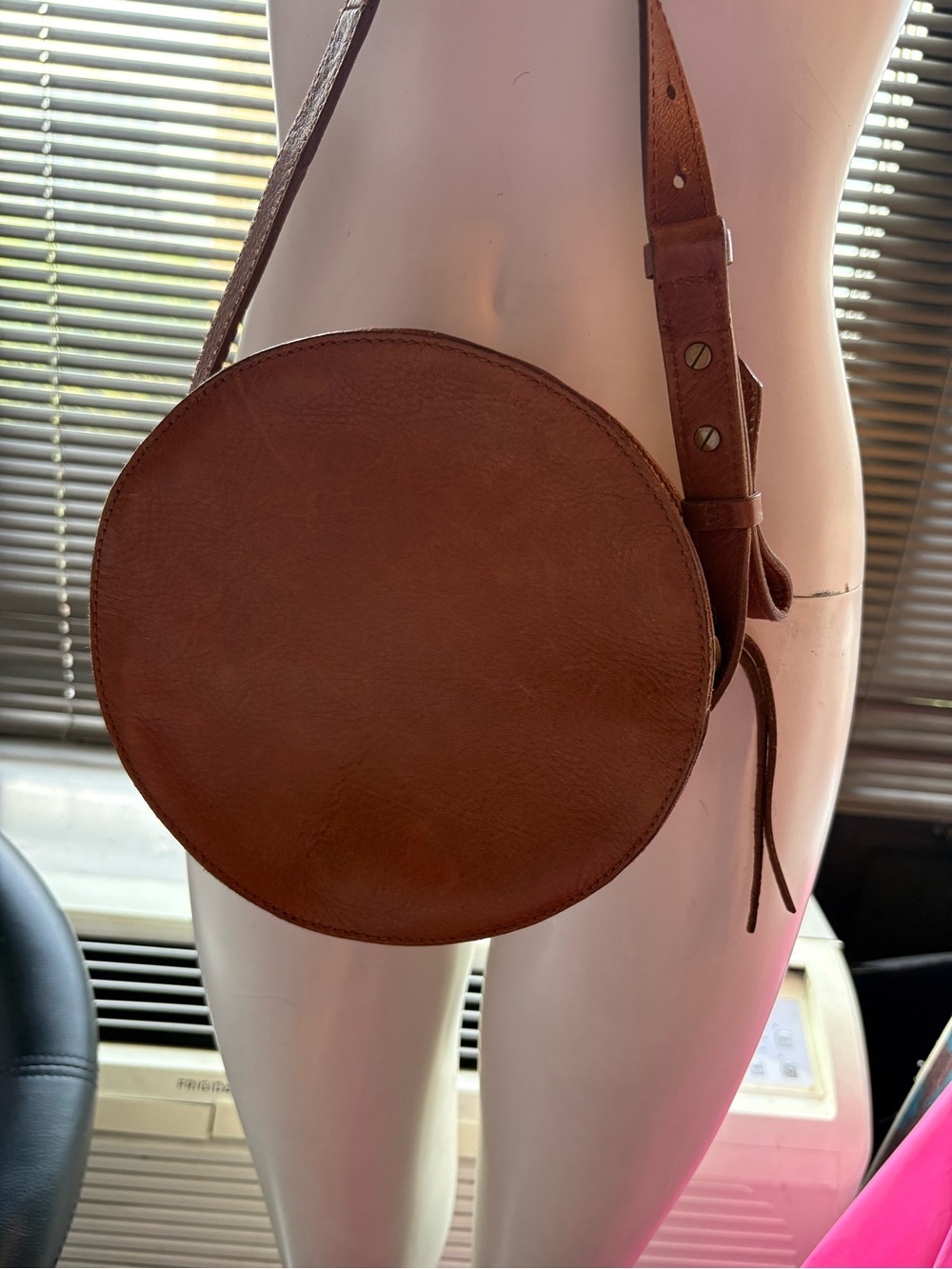 Medwell Classic Round Brown Leather Crossbody Bag